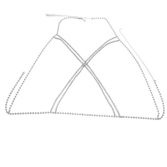 Double Criss Cross Sparkling Rhinestone Bust Body Harness Chain - Picture 2 of 6